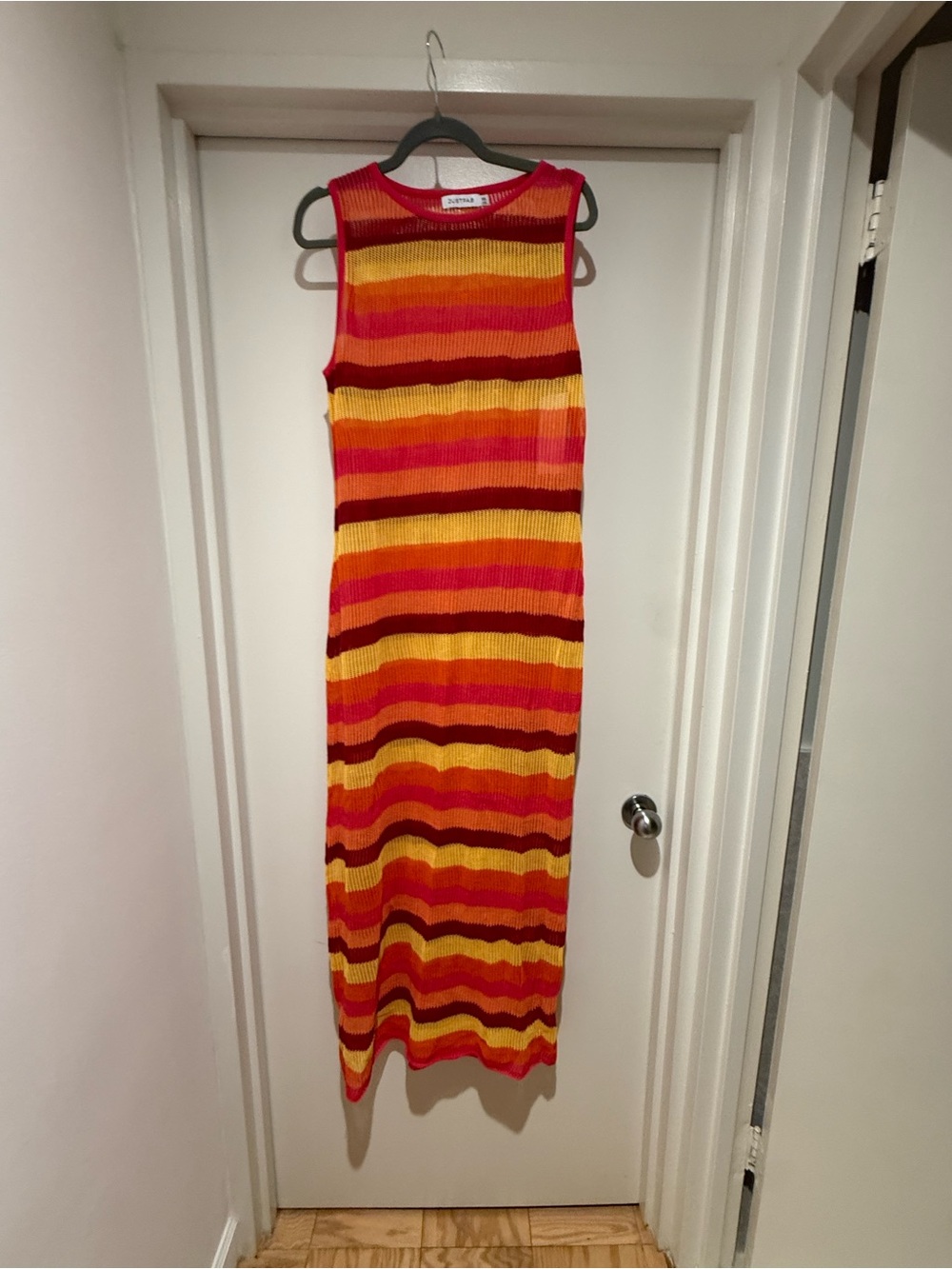 Striped Sleeveless Knit Beach Cover Up  in Red, Pink & Yellow